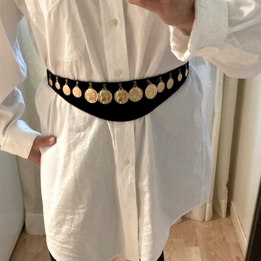 Black Coin-Trim Waist Belt with Gold Accents